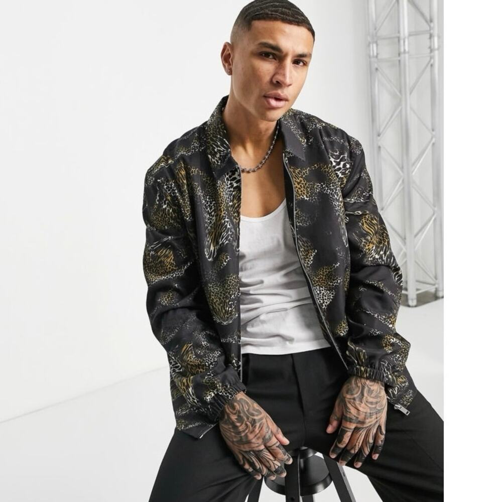 Topman ASOS Harrington jacket shacket zip tiger swirl animal print satin large L